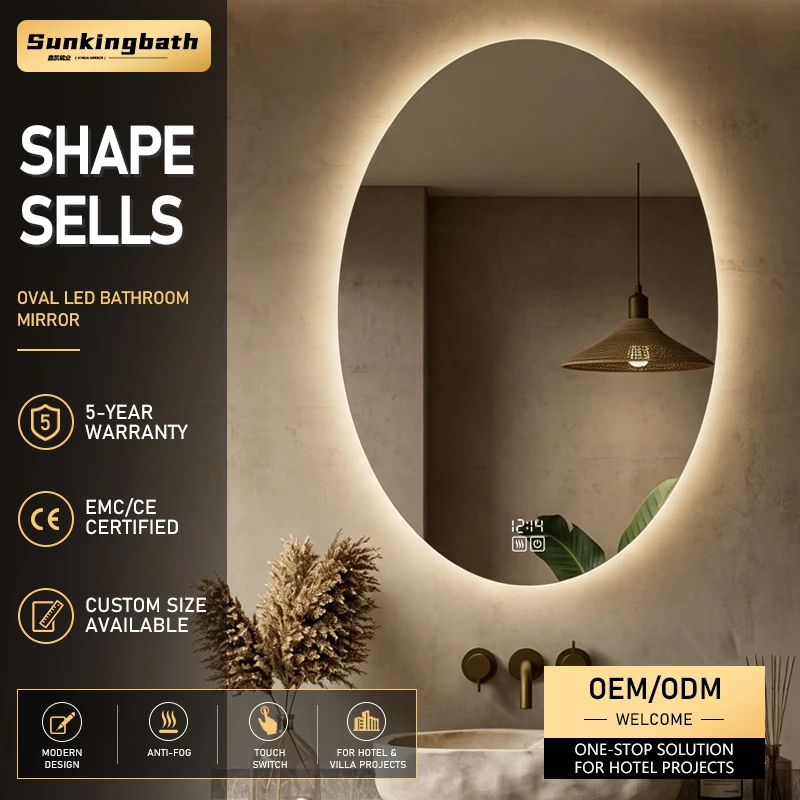 Modern Oval LED Mirror Anti-Fog Backlit Smart Espejo Inteligente Frameless Touch Mirror Bathroom Mirror with Led Light