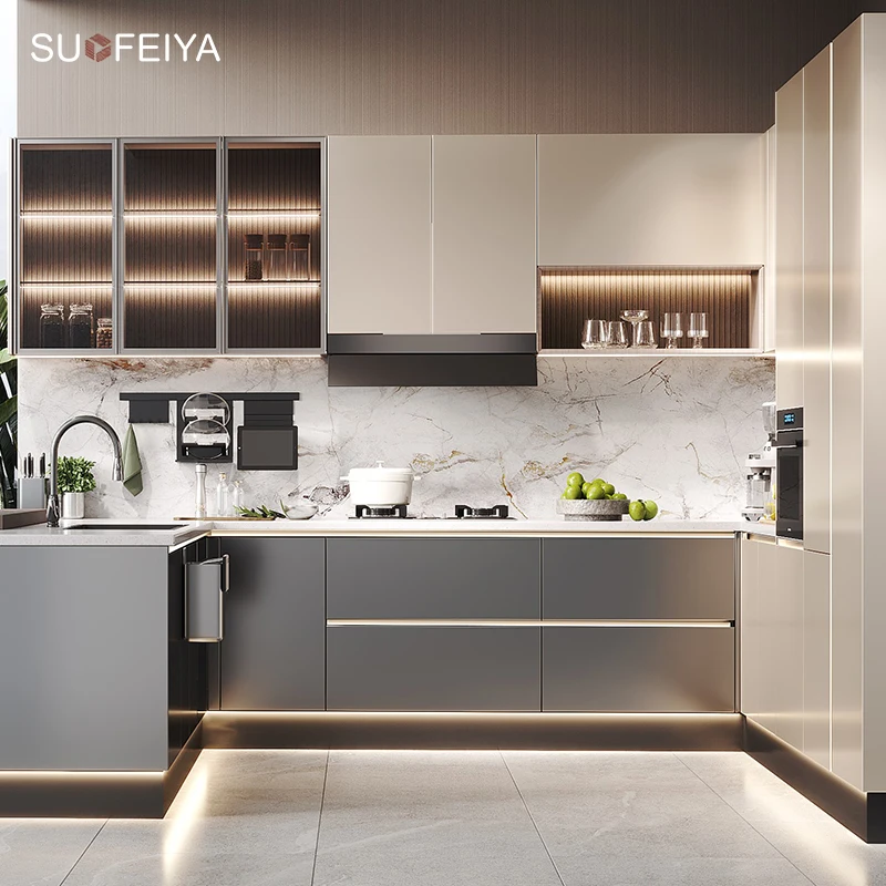 Factory Supply Customized Smart Joinery Durable High Gloss Grey UV Lacquer L-Shaped MDF Kitchen Island Cabinet for Dubai