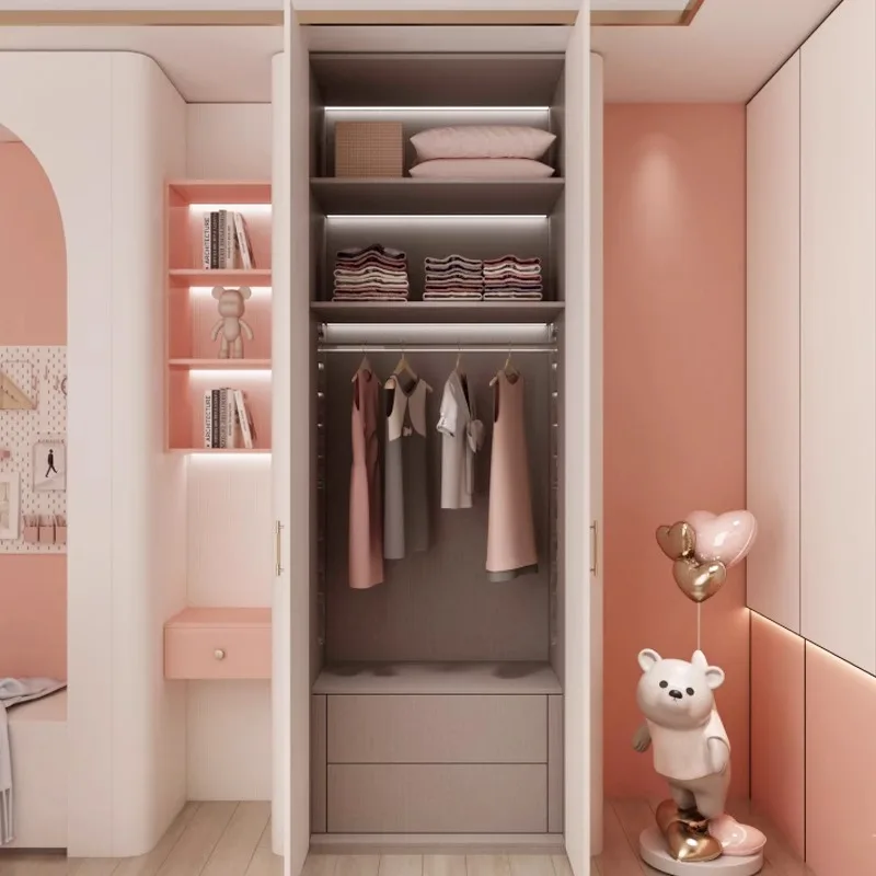 Modern Nordic Style Foldable Pink MDF Door Wardrobe Bedroom - Main Image