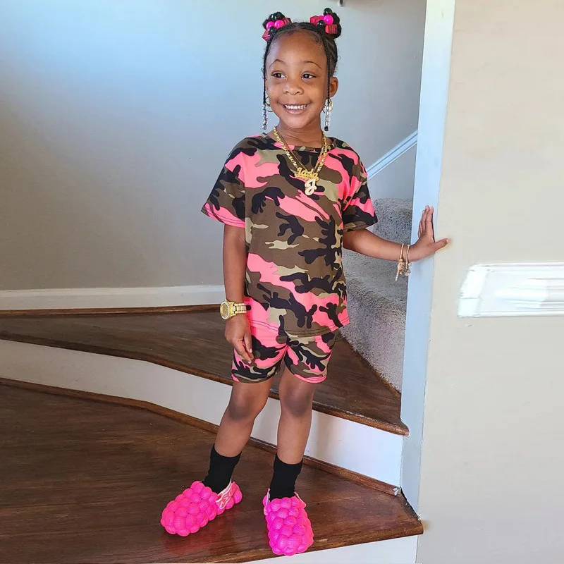 Khaki Solid Pattern Camouflage Suit for Kids Summer Fashion