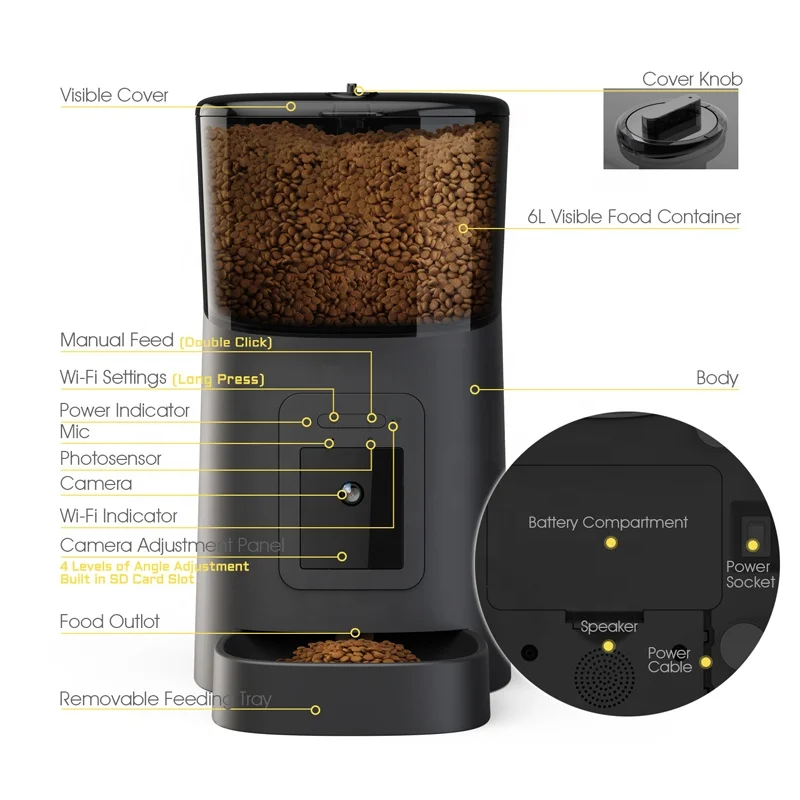 6L Wifi Smart Pet Feeder Camera 1080P Tuya APP Control Pet Feeder Automatic Dog Cat Pet Feeder With Camera