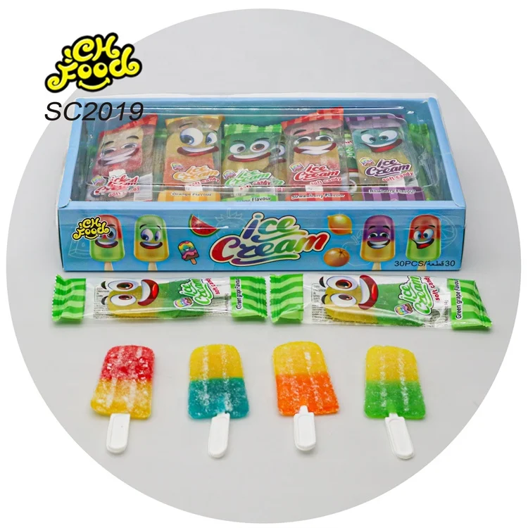 Hot Selling Wholesale Sugar Coated Ice Cream Shape Gummy Candy OEM Halal Soft Chewy Sour Candy Sweet Snack Food China Factory