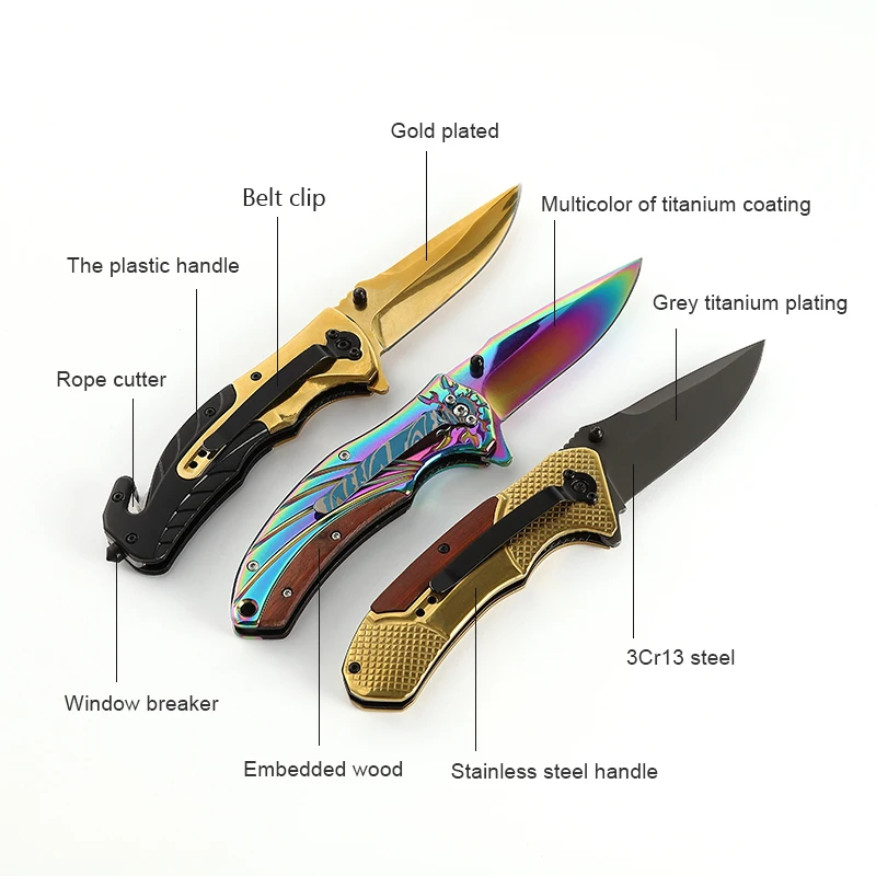 Alibabas in Spanish Italiano Gold Titaniums Stainless Steel Blade Handmade Survival Camping Hunting Edc Pocket Knife Folding