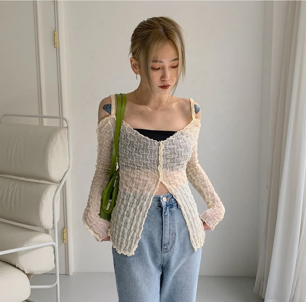 Y2K-Fairycore Aesthetics Open-Shoulder Zipper Slit Tops E