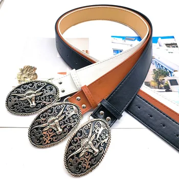Tang grass pattern cowboy head oval buckle hip hop big head belt Western cowboy buckle fashion decorative belt
