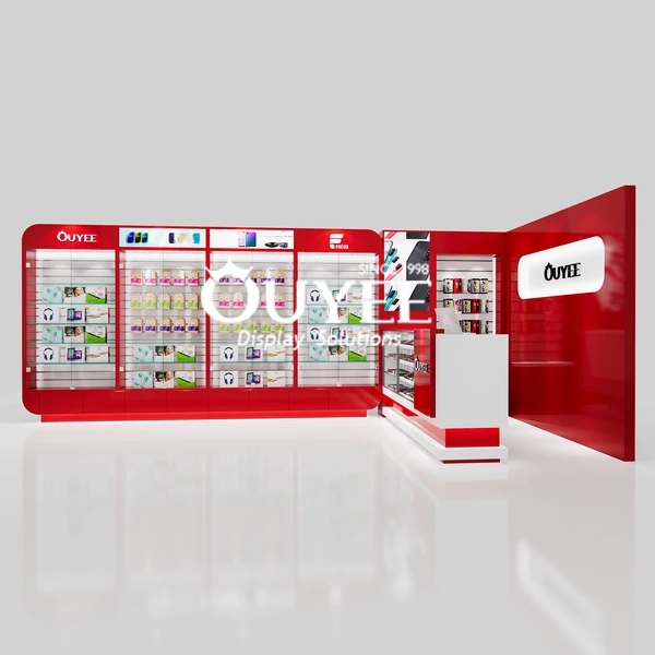 Customized Red Glass Mobile Phone Display Cabinet Interior Furniture Decoration Design Retail Store Mobile Phone Counter