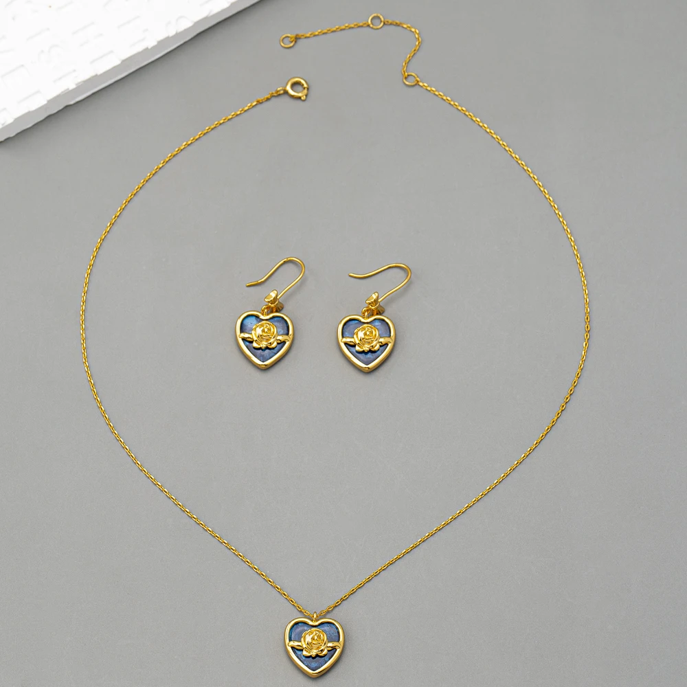 product wholesale customized blue resin heart bow pendant rose flower drop earring necklace set new style fashion jewelry for wedding-6