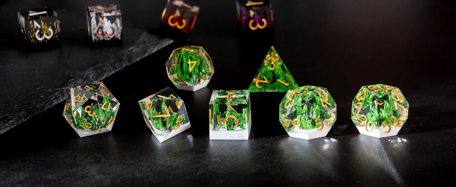 New Premium Design Stone Mountain Inside Fashion Carving Dnd Resin Dice Set in Stock details