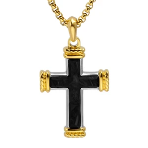 Trendy Unique Stainless Steel with Forged Carbon Fiber Cross Necklace Pendant for Men