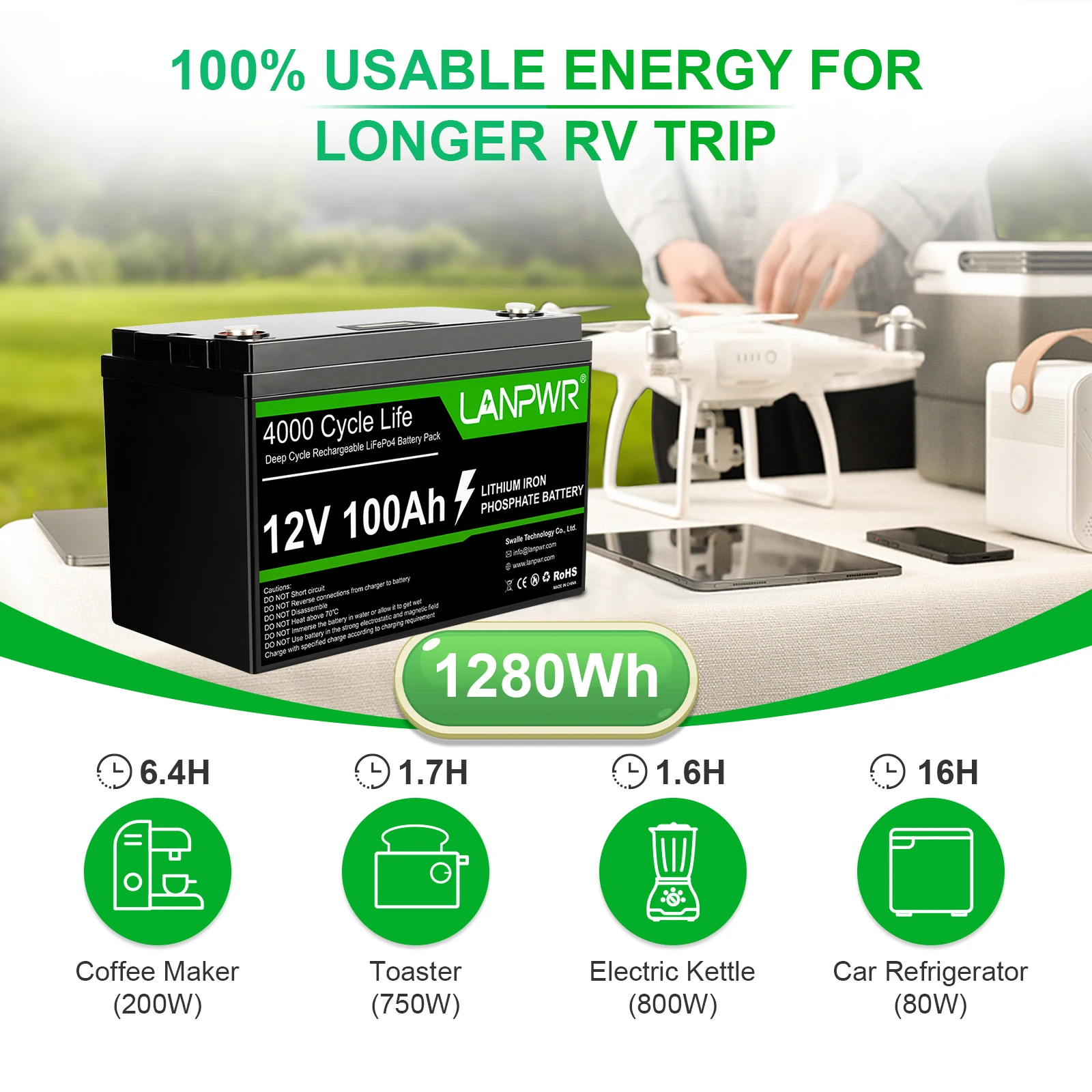 Eu Stock Lanpwr 12v 100ah Lifepo4 Battery Pack For Boat/ Rv/smart ...