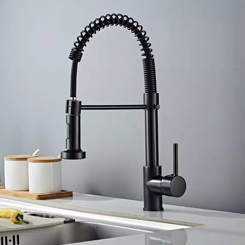 Pull-out spray head detail view Stainless steel kitchen faucet with flexible spring spray structure