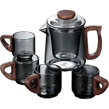 High Borosilicate Transparent Glass Cup Wooden Handle Flower Tea Pot Household Tea Separation Boiling Steeping Tea Pot Cup Set