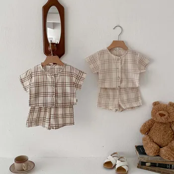 Korean Style Summer New Plaid Suit 100% Cotton Baby Boy Casual Outing Clothes Single-Breasted Short-Sleeved Shorts Two-Piece Set