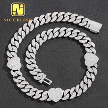 New 15mm Love Cuban Chain Ladder Square Zircon Full Diamond Heart Shape Baguette Cuban Link Chain Rapper Hip Hop Necklace