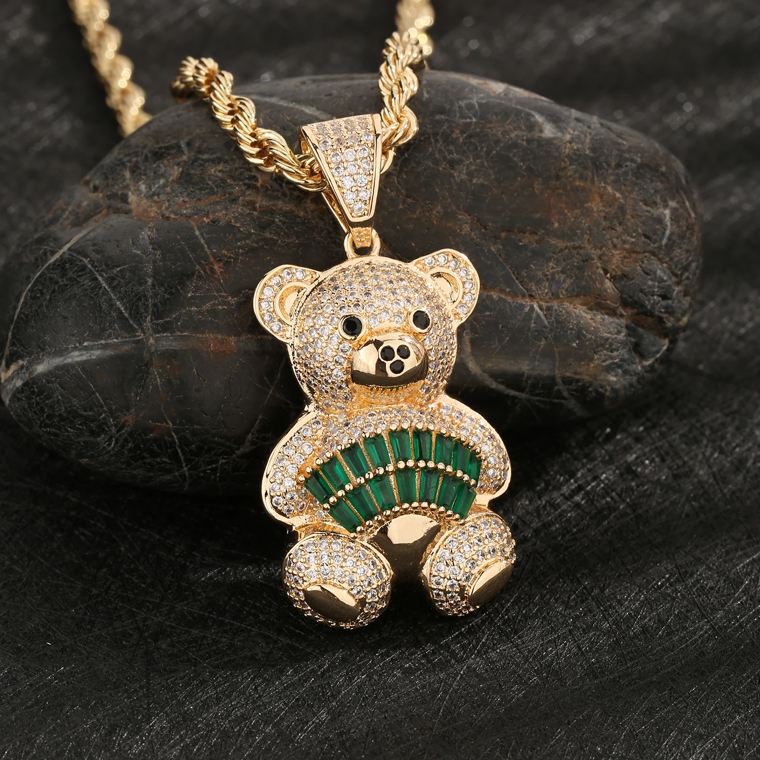 Hip Hop Pendant 14k Gold Plated Teddy Bear Cute Green Zircon