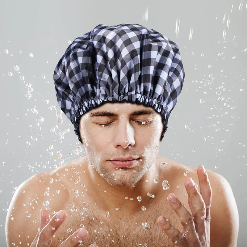 European & American Polyester Waterproof Bath Shower Cap for Adult Men with Fiber Absorbent Linner & Adjustable Elastic Band