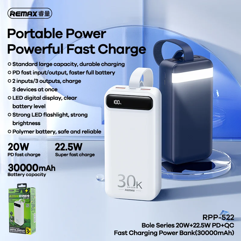 Remax Portable Power Bank 30000mah 20w+22.5w Rpp-522 Pd3.0/qc3.0/fcp ...
