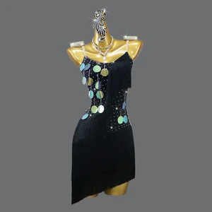 Black Sequin Tassel Latin Dance Dress for Kids Children's Ballet Dance Costumes Dance Dress for Girls Performance Wear Dresses