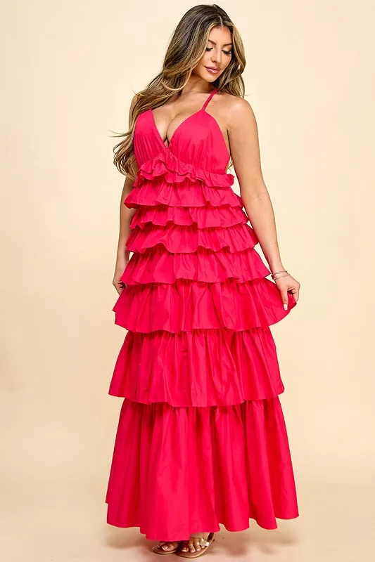 Elegant Ladylike Solid Red Dress V-neck Tiered Ruffles Sweet Style Casual Maxi Length High Waist Women Wear Spring Summer Galas - Image 3