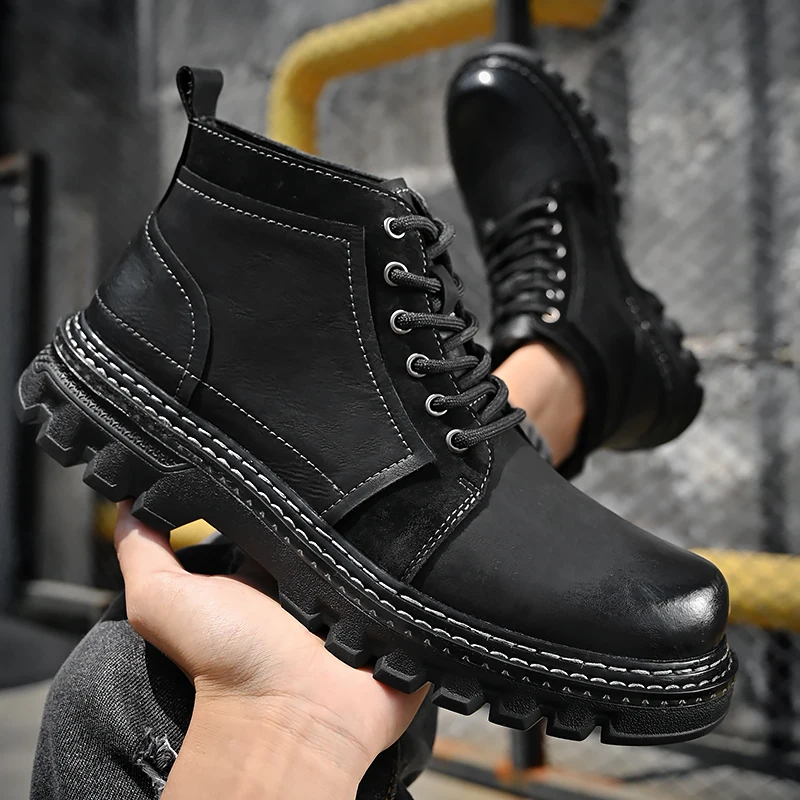 New Fashion Trendy Casual Men's British Genuine Leather High Top Soft Sole martin boots