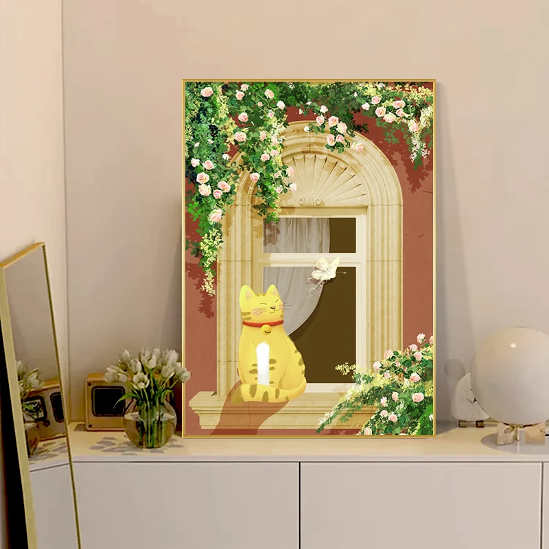 Orange Tabby Cat Wall Art Canvas Print Blooming White Flowers Green Foliage Warm Beige Background Minimalist Whimsical