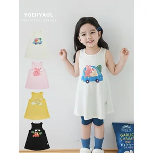 YOEHYAUL X4627 Cartoon Graphic T Shirts Kids Cotton Toddler Long Tank Top Children's T-shirt Animal Sleeveless Girls Shirt Dress