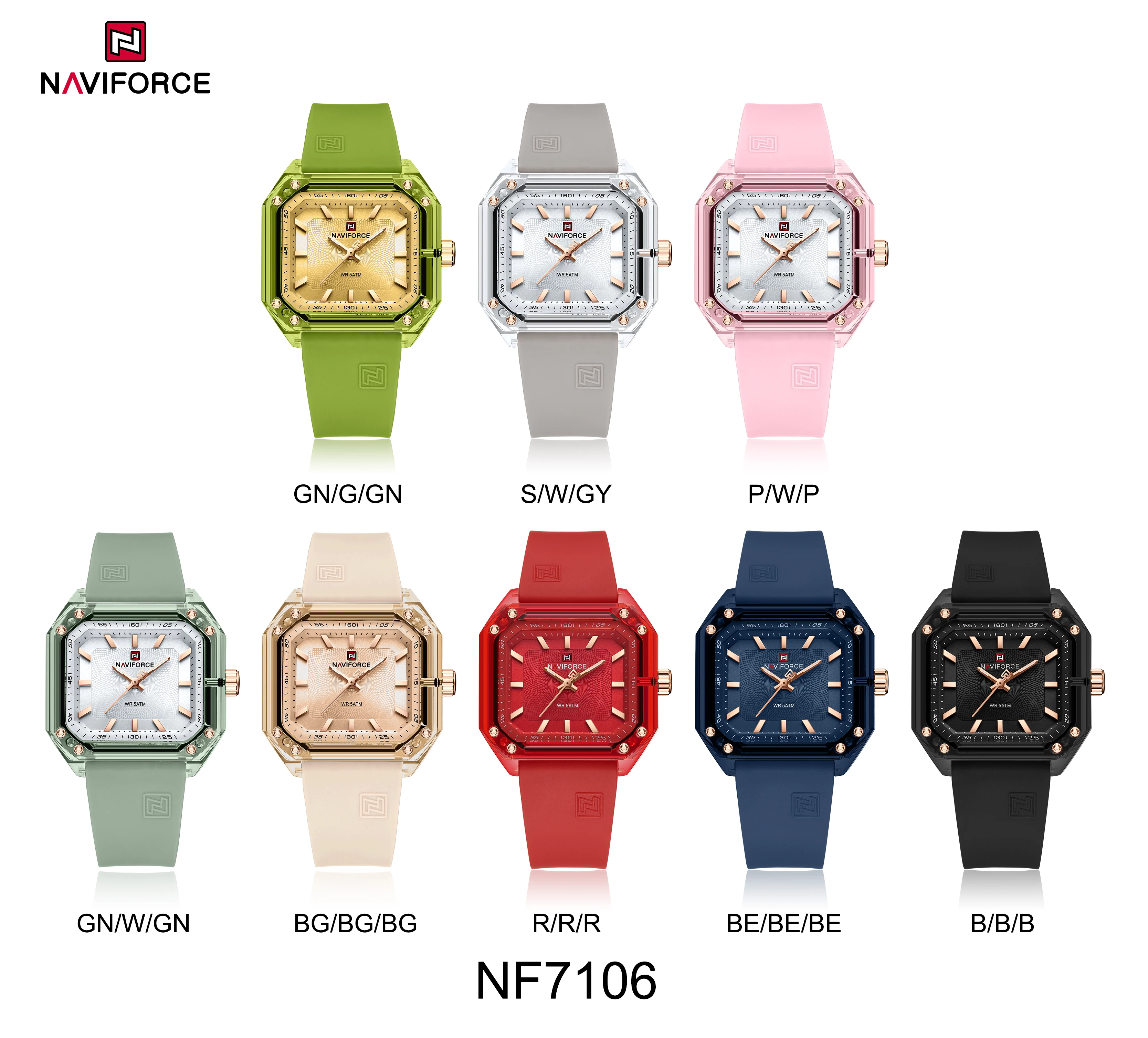 NAVIFORCE 7106 Ladies Watch Quartz Wristwatch Square Dial Sports Silicone Strap Luminous Waterproof 50M Womens Watch