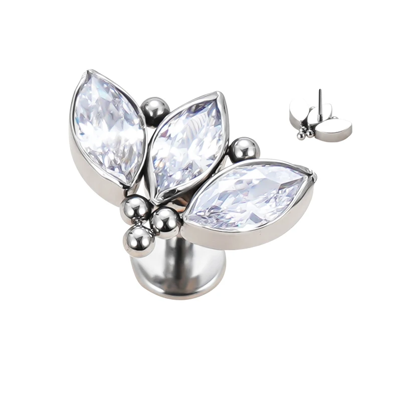 Titanium Body Piercing Internally Threaded 3 Marquise CZ With 5 Balls Cluster Top Labret Jewelry Wholesale Earring Labret