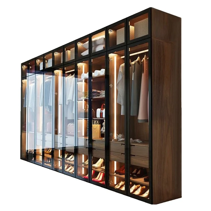 Modern Walk In Closet Designs: Tempered Glass Wooden Wardrobe Cabinet ...