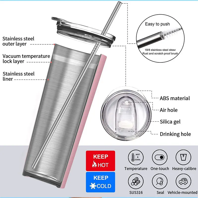 20oz Colorful Stainless Steel Skinny Tumbler With Steel Straw Double ...