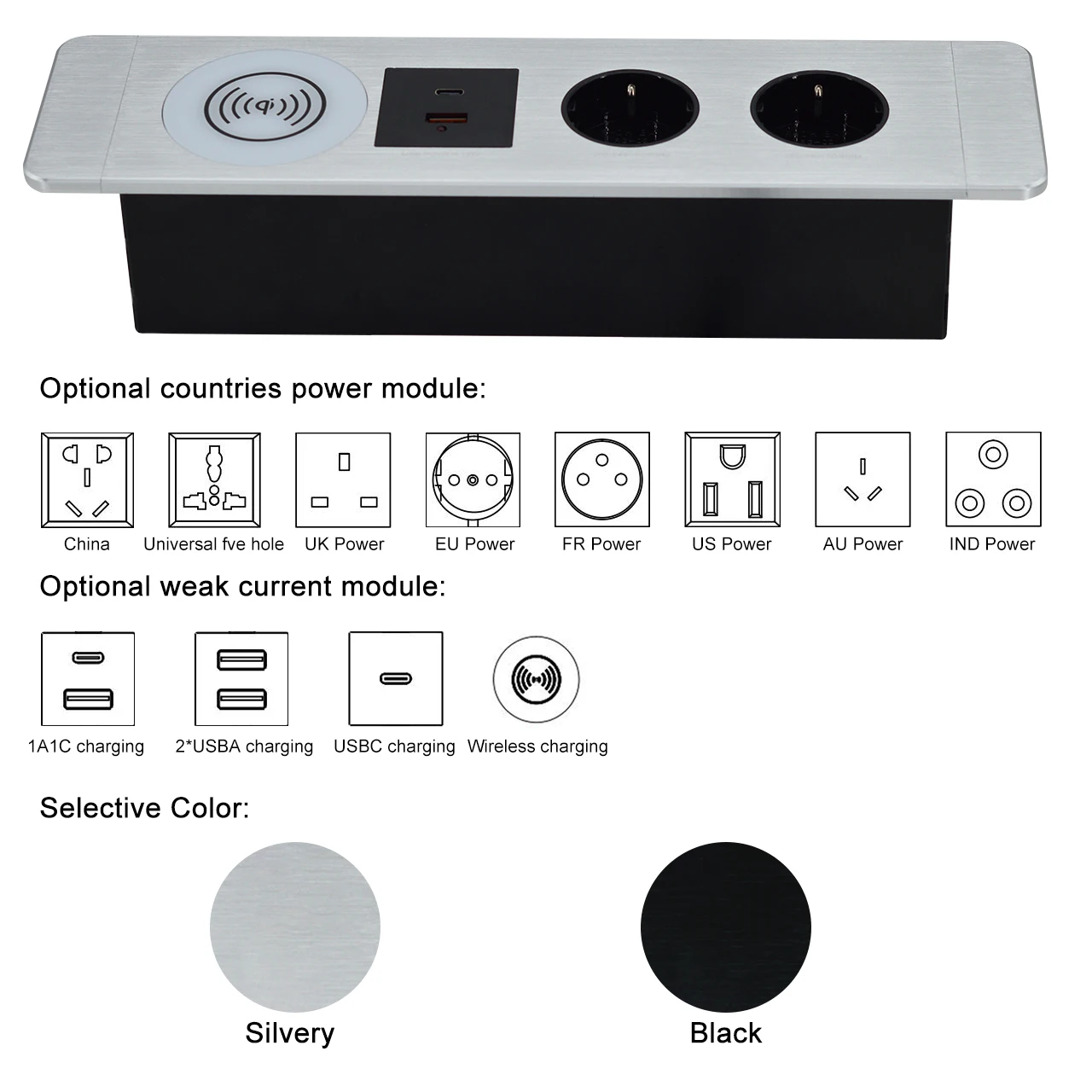 BNT Office Under Table Socket With EU Power Socket USB Ports and Wireless Charging