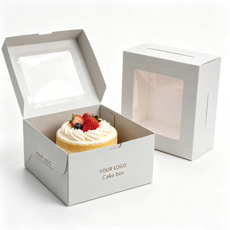 Tilpasset logo – bursdagspakking, kakeboks i papp, boks for cupcakes, bakeriprodukter og kaker i papir, med håndtak og vindu, matboks