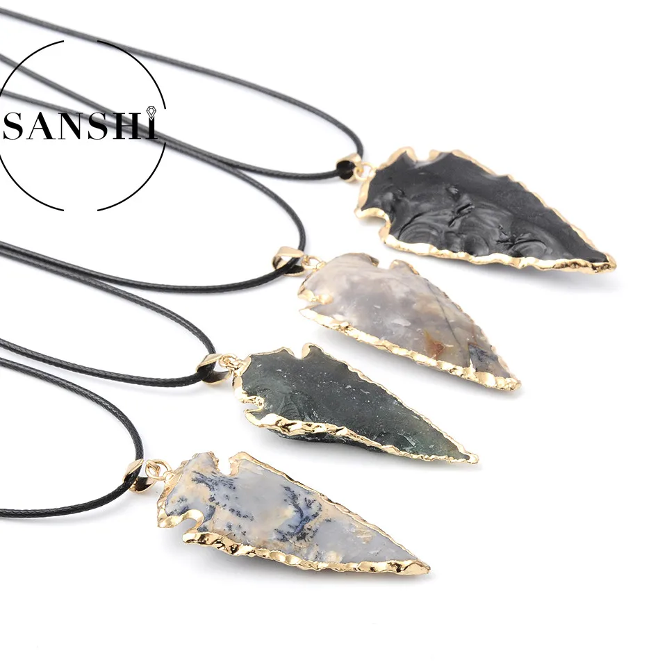 Wholesale Classic Style Stone Age Jasper Arrowhead Pendant with Onyx Gold  Electroplated Edge Charm Stone Pendants
