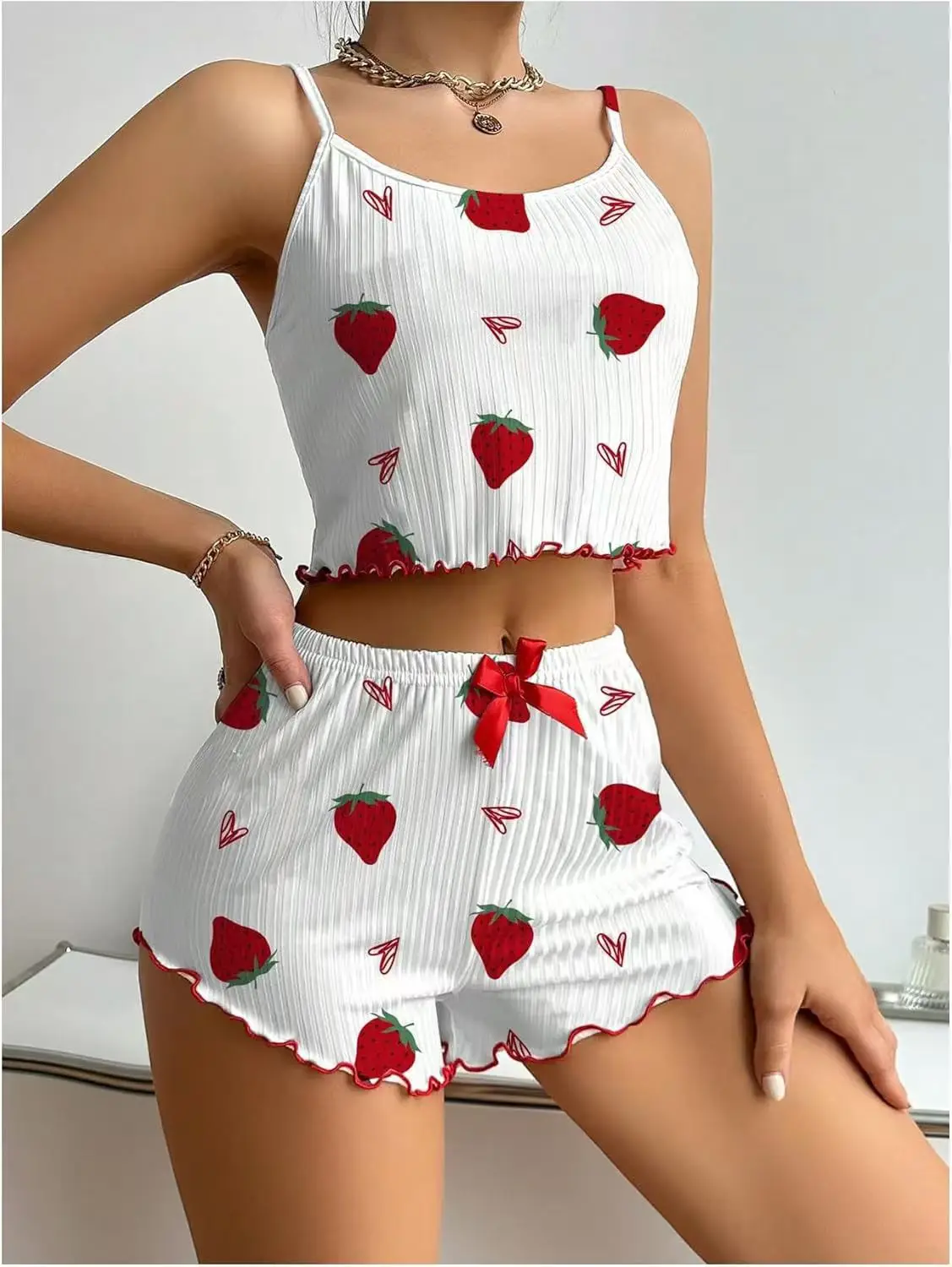 European and American Women's Two-Piece Satin Loungewear Set Strawberry Heart Print Ribbed Camisole Shorts