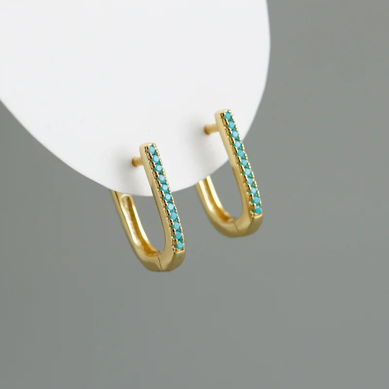 Women's S925 Sterling Silver Hoop Earrings U-Shape Light Luxury Blue Turquoise Charm with Gold Plating Fashion Jewelry