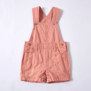 Girls Overall Shorts Jumpsuits Baby Clothes Wholesale with Natural Plant Dye and Embroidery Floral Pattern and Pocket