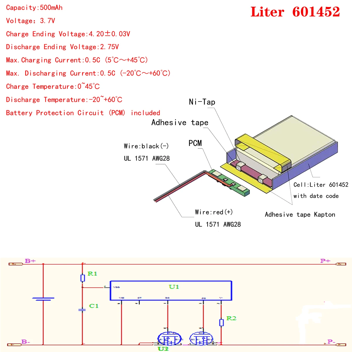 Li Polymer 601452 3.7V 500mah lipo充電式リチウムポリマー