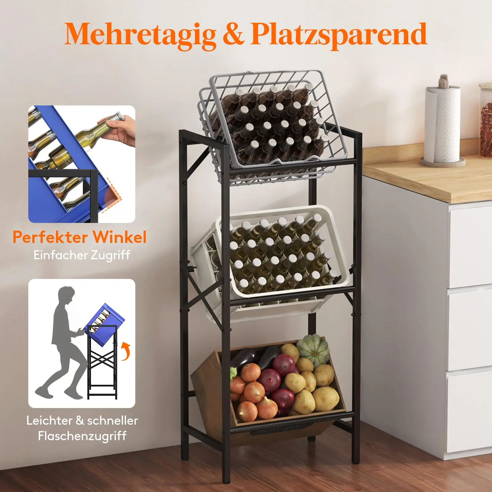 Beer Case Rack 3-Crate Beverage Rack Black Metal Box Holder 150KG Load Capacity Stable ...