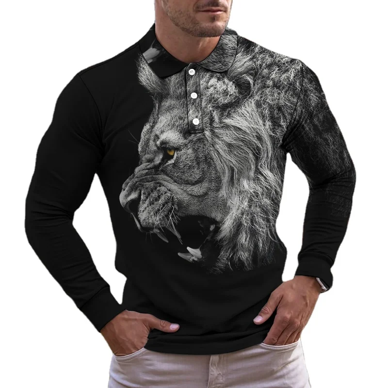 Lapel Men's Shirt Novelty HD Printing Tiger Long Sleeve Shirt