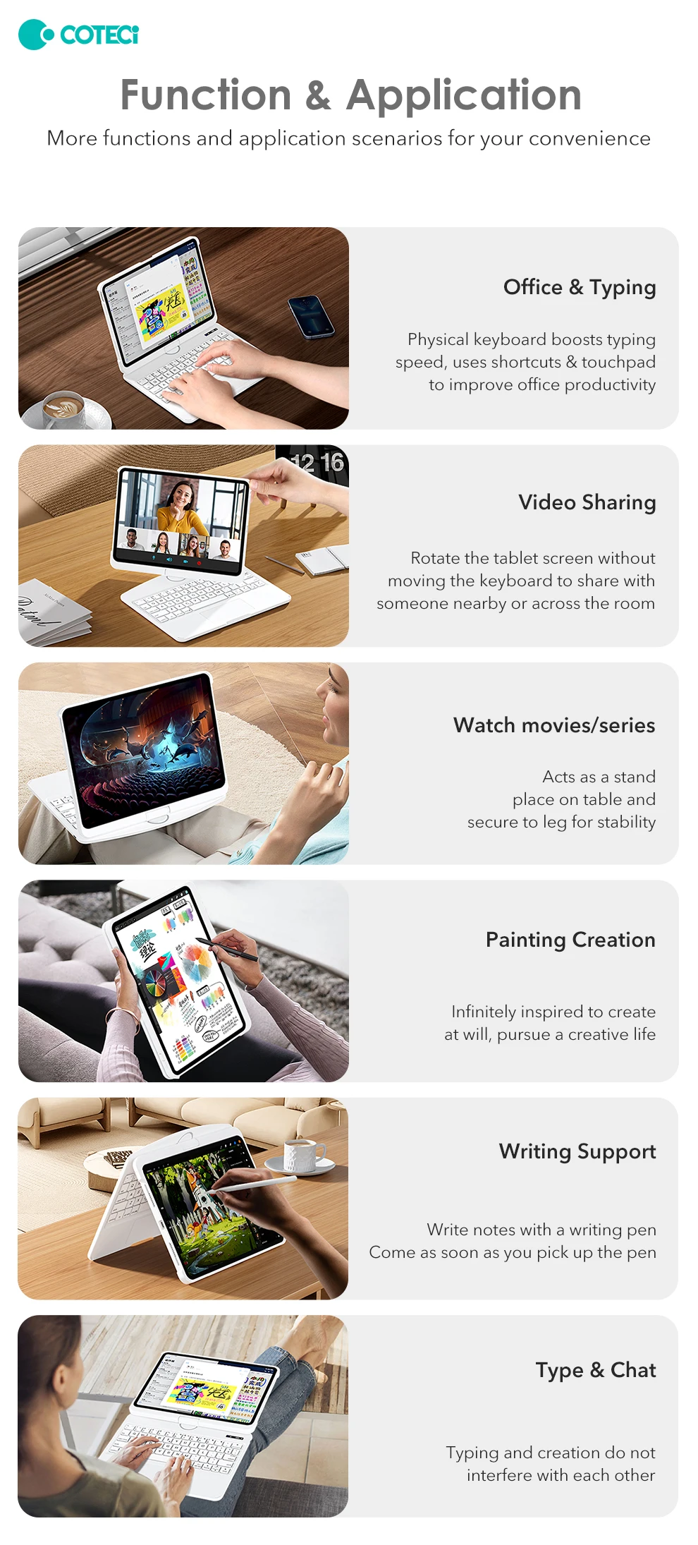 COTECi Roated Tablet Keyboard Case for iPad Air 4 5 Gen 10.9 11 13 Inch M2 M3 iPad Pro 12.9 11 13 Inch M4 2 3 4 Gen