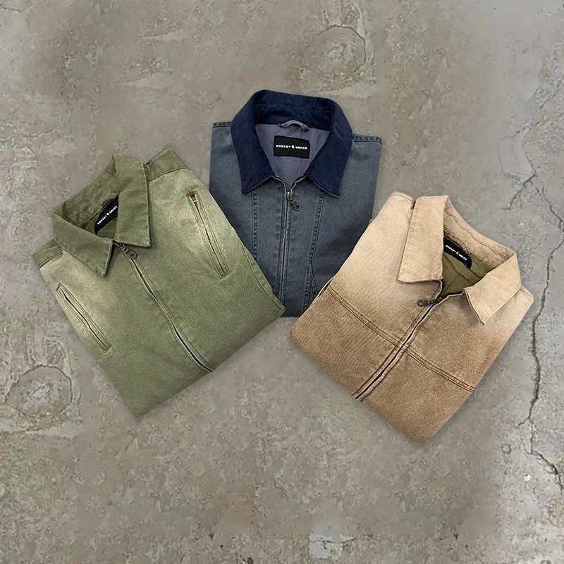 Customized Workwear Jacket Zip up Cotton Duck Canvas Faded Acid Wash Distressed Vintage Carpenter Detroit Work Bomber Jacket Men gallery 3