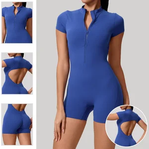 New Arrival Gym Wear Shorts Sleeve One Piece Jumpsuit Exercise Workout Zipper Activewear Yoga Jumpsuit Romper