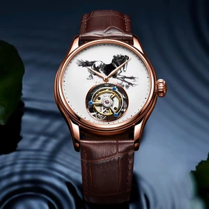 Support Custom LOGO Tourbillon Mechanical Watch for Man Ink Painting Horse Tourbillon Watches OEM