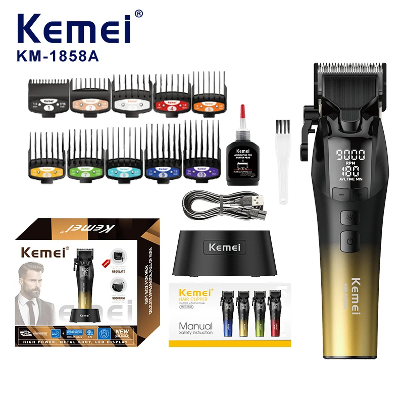 Tondeuse à cheveux professionnelle Kemei Pro Km1858A Matel, batterie puissante de 4600 mAh, 9000 tr/min, tondeuse à cheveux bicolore avec station de recharge