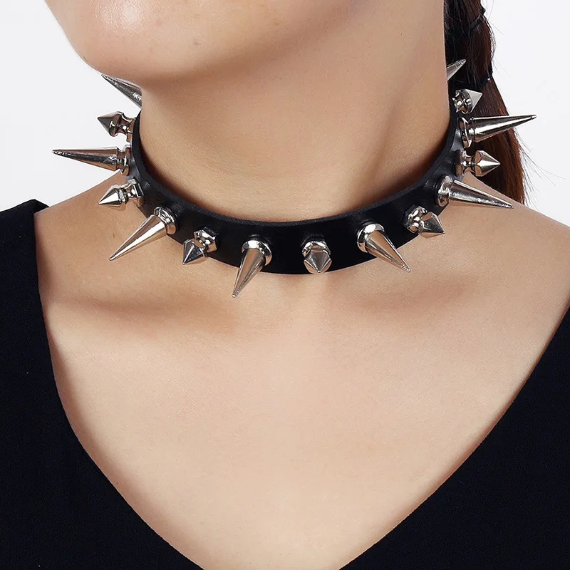 Fashion Women Men Cool Punk Goth Metal Spike Studded Leather Collar Choker  Necklace 
