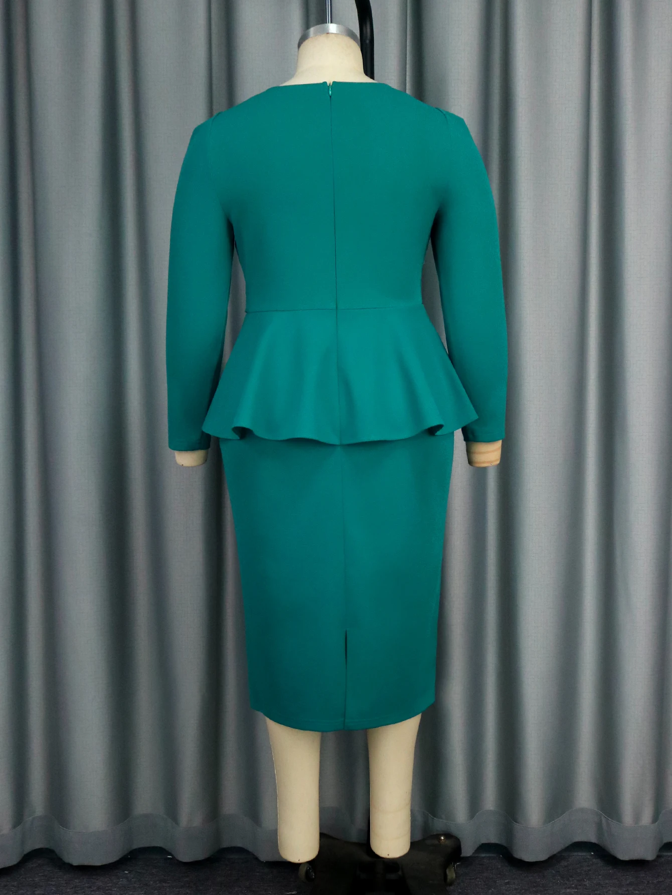Am041228 Peplum Design With Belt Bling White Bead Oblique Collar Green Office Midi Dresses Puff Sleeve For Lady