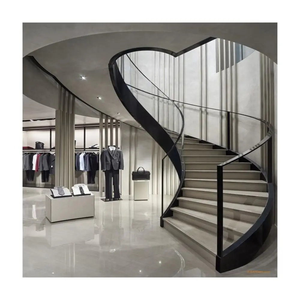 Powder Coating White Stringer Wrought Iron Railing Wood Tread Riser Simple Design Curved Staircase