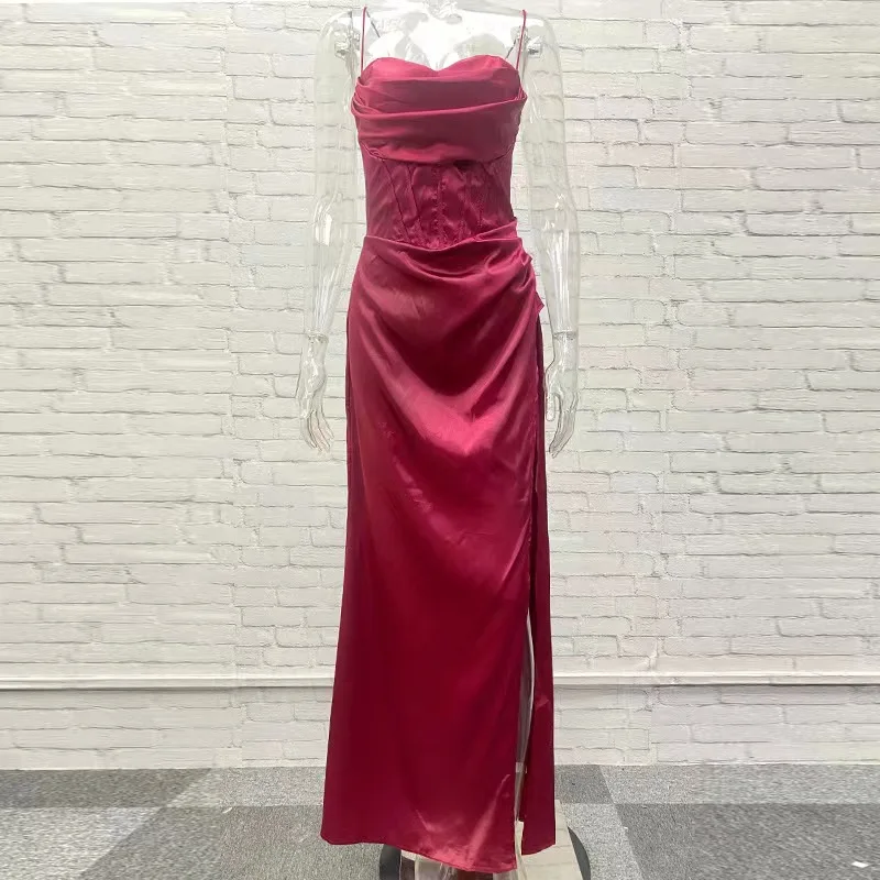 Sleeveless Black Crystallized Corset High Slit Satin Gown One Shoulder Maxi Dress Woman With Slit