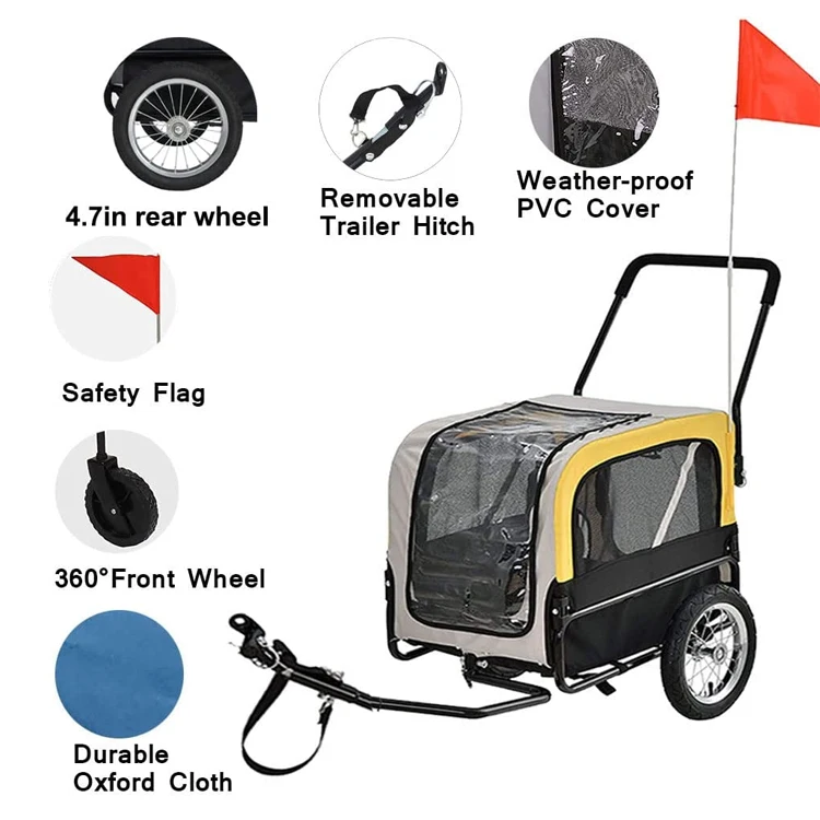2 In 1 Dog Bike Trailer Cart Trolley Windresistant Collapsible Pet