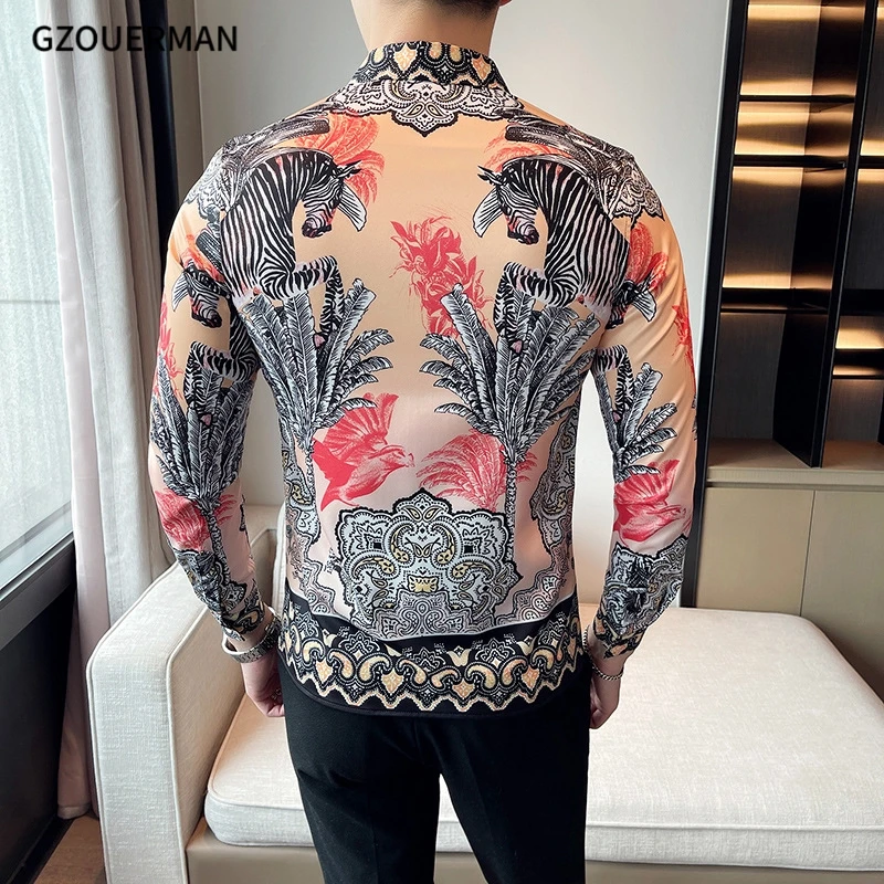 2022 Men Gentleman Long Sleeve Lapel Zebra Leaf Printed Shirt New Fashion Button Formal Royal Court Hot Sale Casual Shirt